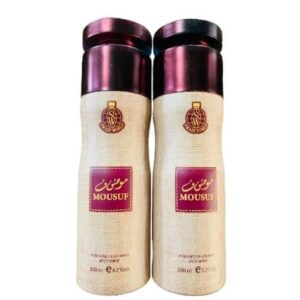 Mousuf Perfumed Deodorant Body Spray 200ml.  Highly inflammable pressureed container protects from sunlight and do not pressure to temperatures exceeding 50c degrees. Do not Pierce nor burn. After use do not stay on a naked film or any income descent material. Empty can completely